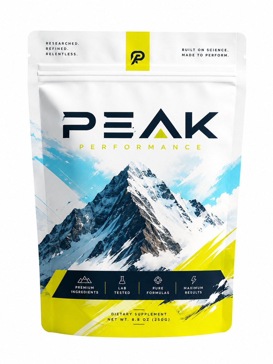 An AI-generated PEAK Performance supplement pouch — the kind of image a founder brings to TWOFORM